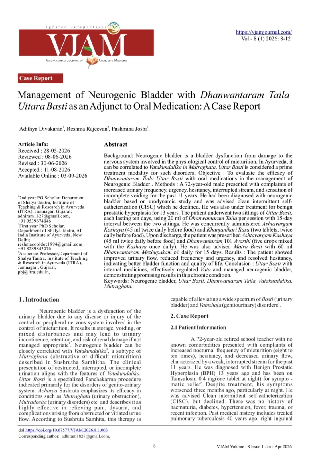 Image of Management of Neurogenic Bladder with Dhanwantaram Taila Uttara Basti as an Adjunct to Oral Medication: A Case Report